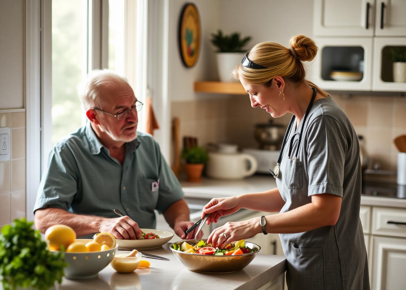 Caregiver preparing a meal in a bright home kitchen with a client seated nearby