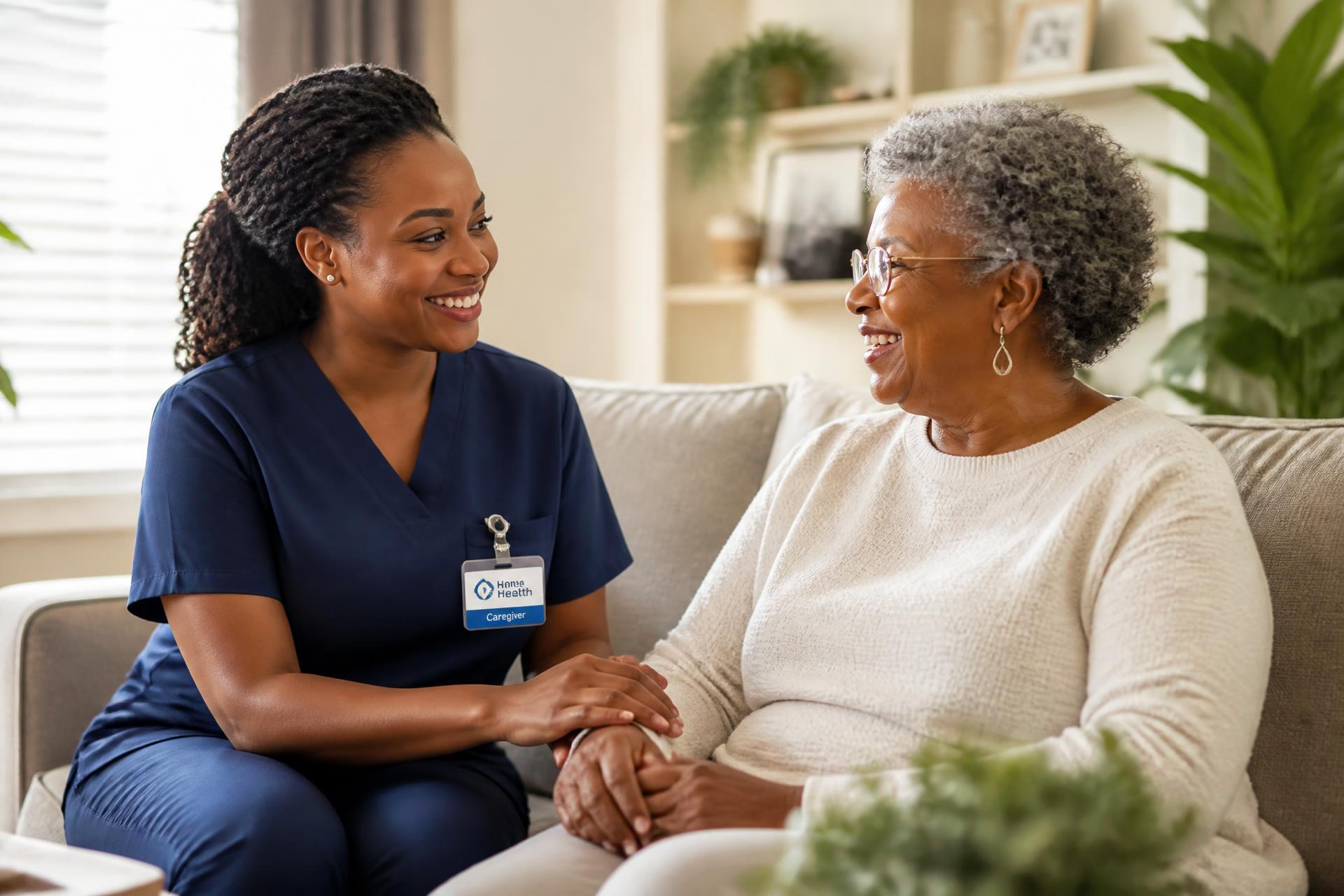 African American MedSource caregiver in navy scrubs smiling with an elderly African American woman on a sunlit sofa
